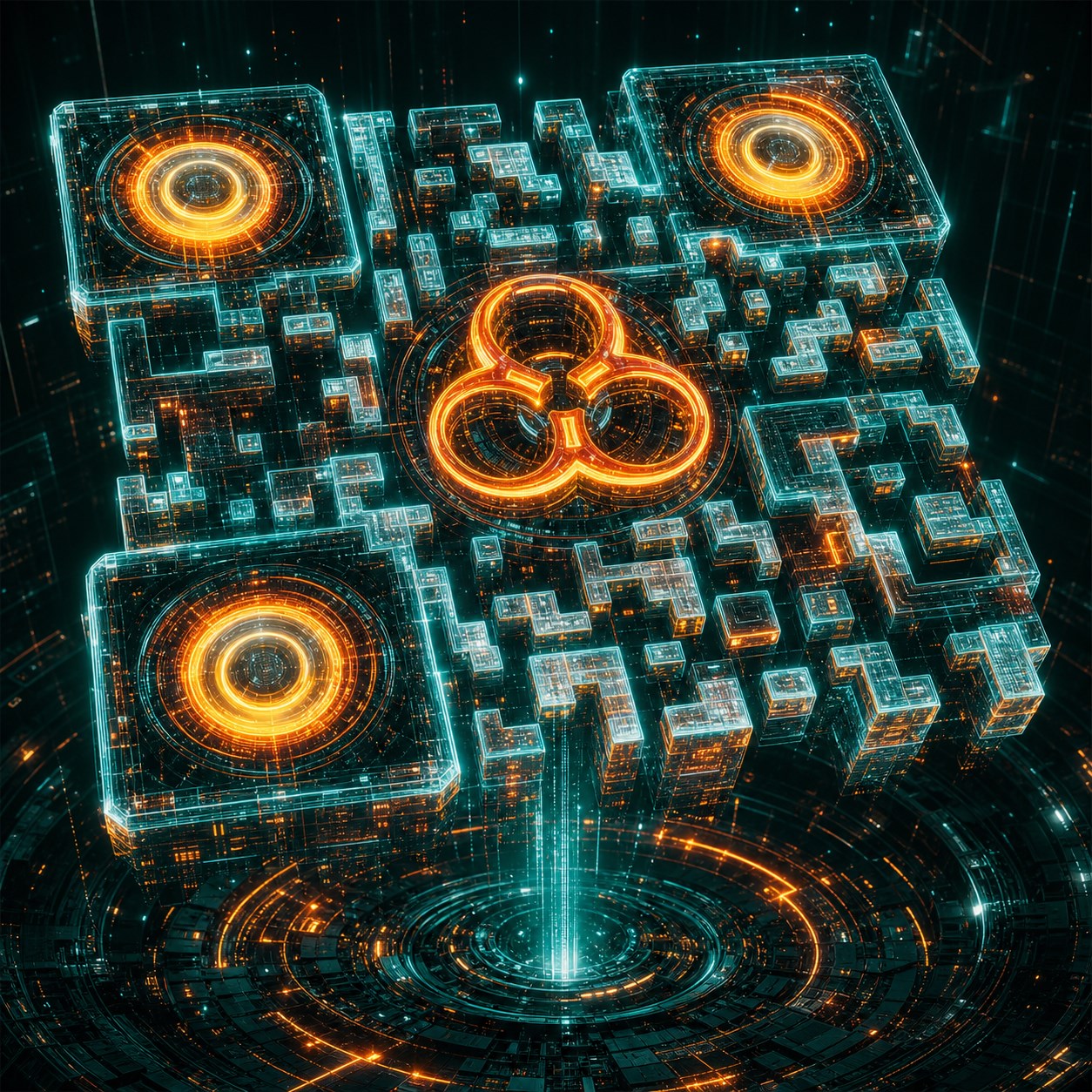Futuristic holographic QR matrix with a glowing BIO IRL center emblem